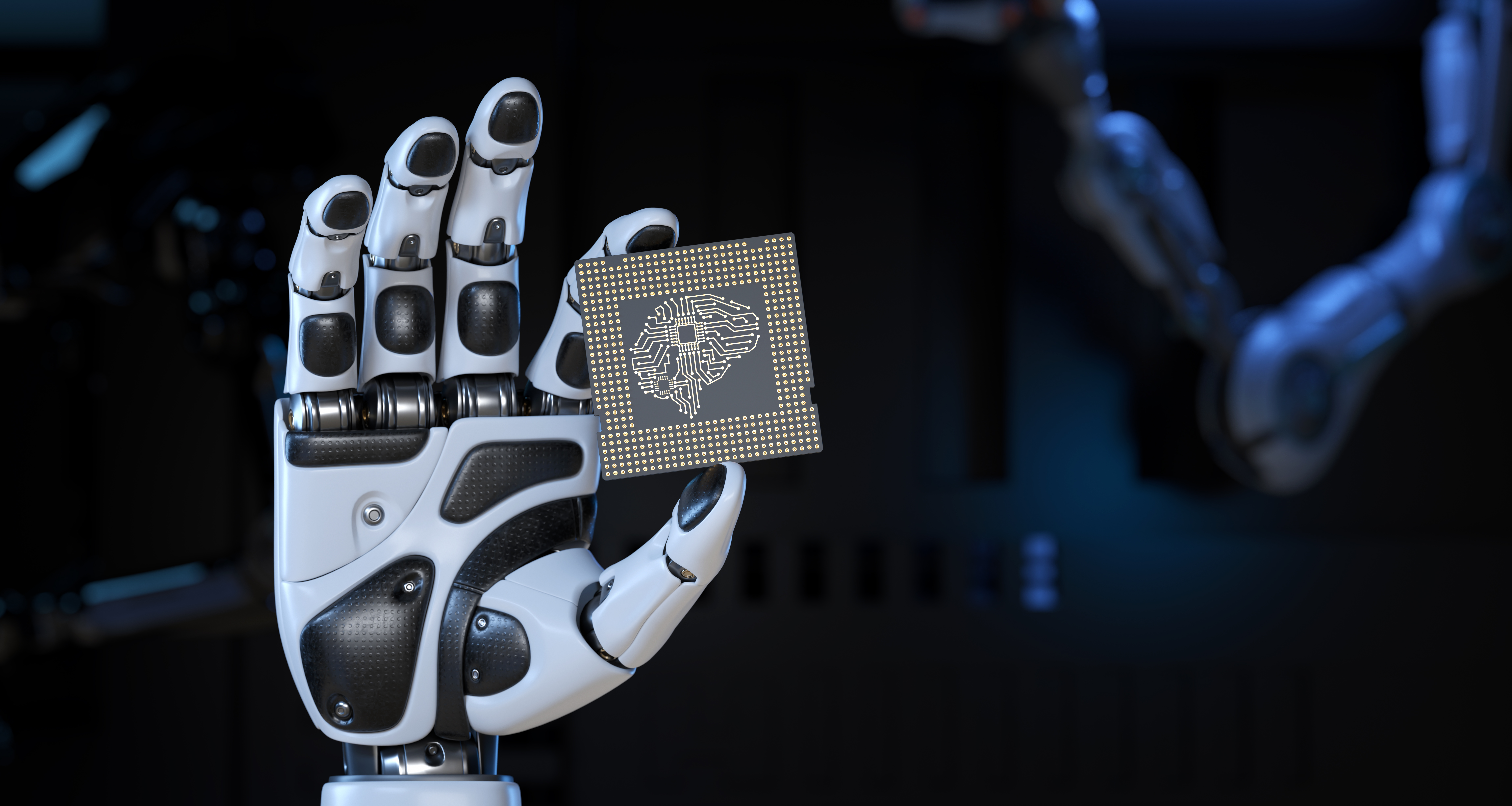 Robot's Hand Holding an Artificial Intelligence Computer Processor Unit